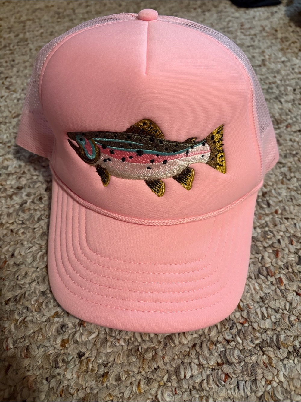 Pink Trucker Hat with Embroidered Fish